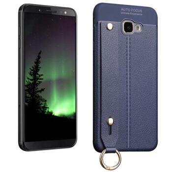 Szilikon telefonvédő (közepesen ütésálló, asztali tartó funkció, bőr hatású, varrás minta + kézpánt) SÖTÉTKÉK Samsung Galaxy J4 Plus (SM-J415F) kép