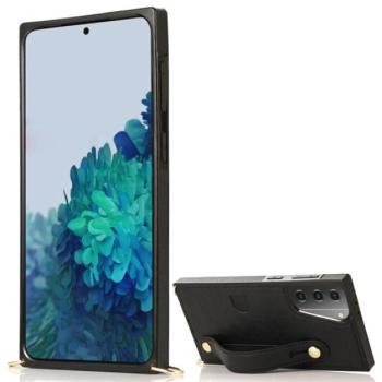 Szilikon telefonvédő (közepesen ütésálló, asztali tartó funkció, bőrhatású hátlap + kézpánt + vállpánt) FEKETE Samsung Galaxy S21 Plus (SM-G996) 5G kép
