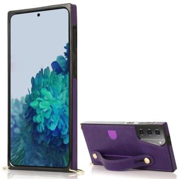 Szilikon telefonvédő (közepesen ütésálló, asztali tartó funkció, bőrhatású hátlap + kézpánt + vállpánt) LILA Samsung Galaxy S21 Plus (SM-G996) 5G kép