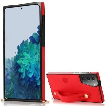 Szilikon telefonvédő (közepesen ütésálló, asztali tartó funkció, bőrhatású hátlap + kézpánt + vállpánt) PIROS Samsung Galaxy S21 Plus (SM-G996) 5G kép