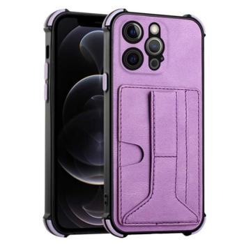 Szilikon telefonvédő (közepesen ütésálló, bőr hatású, bankkártya tartó, asztali tartó funkció + kézpánt) LILA Apple iPhone 12 Pro kép
