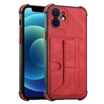 Szilikon telefonvédő (közepesen ütésálló, bőr hatású, bankkártya tartó, asztali tartó funkció + kézpánt) PIROS Apple iPhone 12 mini kép