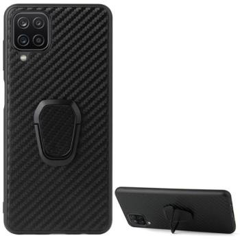 Szilikon telefonvédő (közepesen ütésálló, bőr hatású hátlap, kitámasztó, karbon minta) FEKETE Samsung Galaxy A12 (SM-A125F / SM-A127F) kép