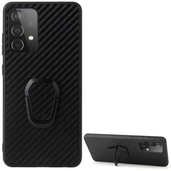 Szilikon telefonvédő (közepesen ütésálló, bőr hatású hátlap, kitámasztó, karbon minta) FEKETE Samsung Galaxy A52 4G (SM-A525F), Samsung Galaxy A52 5G (SM-A526F), Samsung Galaxy A52s 5G (S kép