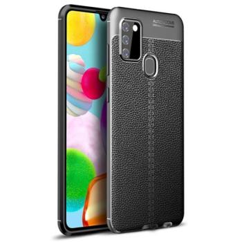 Szilikon telefonvédő (közepesen ütésálló, bőr hatású, varrás minta) FEKETE Samsung Galaxy A21s (SM-A217F) kép
