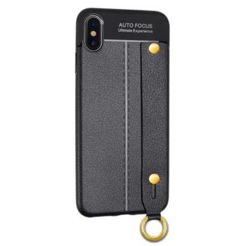 Szilikon telefonvédő (közepesen ütésálló, bőr hatású, varrás minta, kézpánt) FEKETE Apple iPhone XS Max 6.5 kép