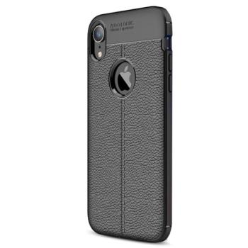 Szilikon telefonvédő (közepesen ütésálló, bőr hatású, varrás minta, logó kivágás) FEKETE Apple iPhone XR 6.1 kép