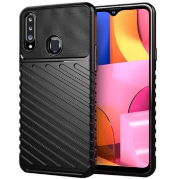 Szilikon telefonvédő (közepesen ütésálló, csíkos, dombor minta) FEKETE Samsung Galaxy A20s (SM-A207F) kép