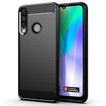 Szilikon telefonvédő (közepesen ütésálló, légpárnás sarok, szálcsiszolt, karbon minta) FEKETE Huawei Y6p kép