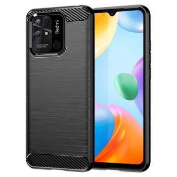 Szilikon telefonvédő (közepesen ütésálló, légpárnás sarok, szálcsiszolt, karbon minta) FEKETE Xiaomi Redmi 10C kép
