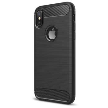 Szilikon telefonvédő (közepesen ütésálló, légpárnás sarok, szálcsiszolt, karbon minta, logó kivágás) FEKETE Apple iPhone XS 5.8, Apple iPhone X 5.8 kép