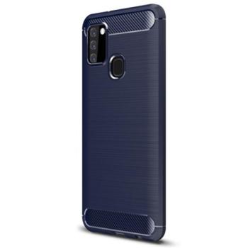 Szilikon telefonvédő (közepesen ütésálló, légpárnás sarok, szálcsiszolt, karbon minta) SÖTÉTKÉK Samsung Galaxy A21s (SM-A217F) kép