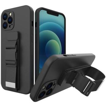 Szilikon telefonvédő (közpesen ütésálló, mikrofiber plüss belső, kamera védelem + kézpánt + vállpánt) FEKETE Apple iPhone 11 Pro kép