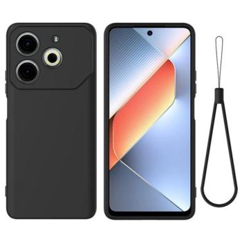 Szilikon telefonvédő (matt, mikrofiber plüss karcolásmentesítő belső, prémium + kézpánt) FEKETE Tecno Pova 6 Neo kép