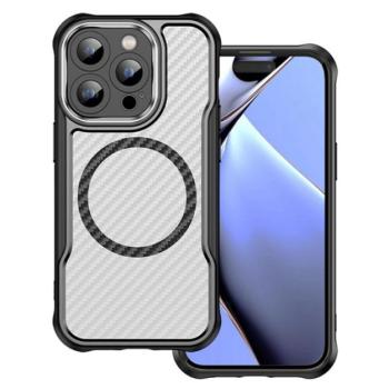 Szilikon telefonvédő (ütésállóság, légpárnás sarok, kameravédő, karbon minta, MagSafe) FEKETE Apple iPhone 14 Pro kép