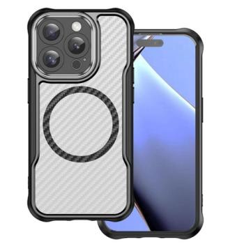 Szilikon telefonvédő (ütésállóság, légpárnás sarok, kameravédő, karbon minta, MagSafe) FEKETE Apple iPhone 15 Pro Max kép