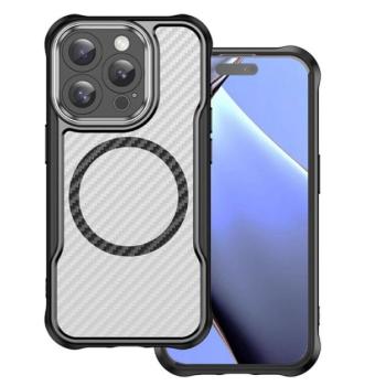 Szilikon telefonvédő (ütésállóság, légpárnás sarok, kameravédő, karbon minta, MagSafe) FEKETE Apple iPhone 15 Pro kép