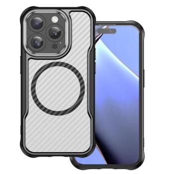 Szilikon telefonvédő (ütésállóság, légpárnás sarok, kameravédő, karbon minta, MagSafe) FEKETE Apple iPhone 16 Pro Max kép