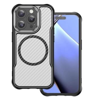 Szilikon telefonvédő (ütésállóság, légpárnás sarok, kameravédő, karbon minta, MagSafe) FEKETE Apple iPhone 16 Pro kép