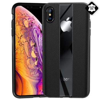 Szilikon telefonvédő (valódi bőr bevonat, csíkos) FEKETE Apple iPhone XS Max 6.5 kép