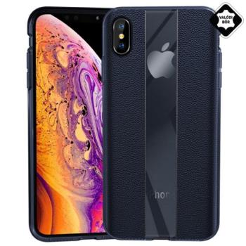 Szilikon telefonvédő (valódi bőr bevonat, csíkos) SÖTÉTKÉK Apple iPhone XS 5.8, Apple iPhone X 5.8 kép