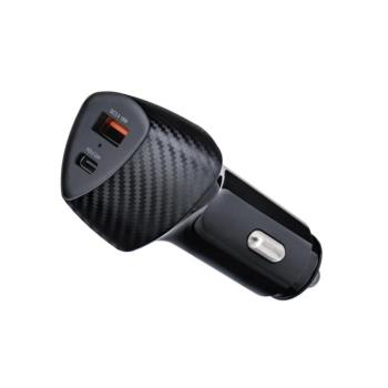 Szivartöltő fej, 1X Type-C, 1X USB, 38W, carbon mintás, fekete, Forcell kép