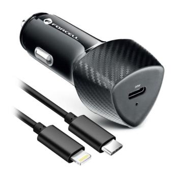 Szivartöltő fej 1X Type-C, Type-C / 8pin kábellel, PD3.0 töltés, 20W, 1m, carbon mintás, fekete, Forcell kép