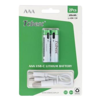 TCBEST újratölthető R3 (AAA) elem 180 mAh, USB-C csatlakozóval és töltőkábellel (2db) kép