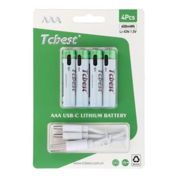 TCBEST újratölthető R3 (AAA) elem 180 mAh, USB-C csatlakozóval és töltőkábellel (4db) kép