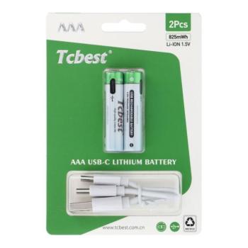 TCBEST újratölthető R3 (AAA) elem 220 mAh, USB-C csatlakozóval és töltőkábellel (2db) kép
