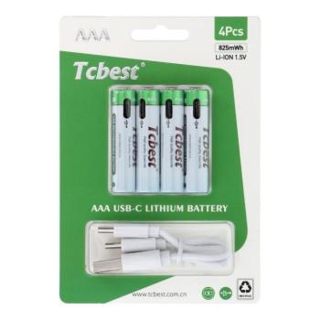 TCBEST újratölthető R3 (AAA) elem 220 mAh, USB-C csatlakozóval és töltőkábellel (4db) kép