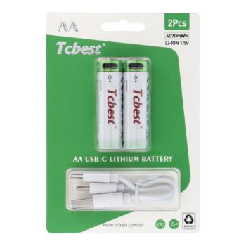 TCBEST újratölthető R6 (AA) elem 1100 mAh, USB-C csatlakozóval és töltőkábellel (2db) kép