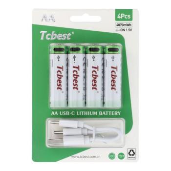 TCBEST újratölthető R6 (AA) elem 1100 mAh, USB-C csatlakozóval és töltőkábellel (4db) kép
