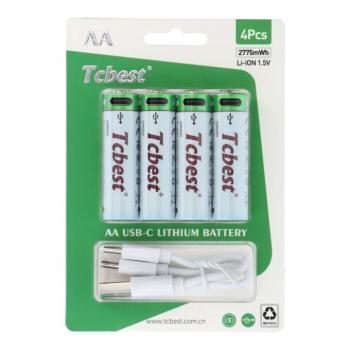 TCBEST újratölthető R6 (AA) elem 750 mAh, USB-C csatlakozóval és töltőkábellel (4db) kép