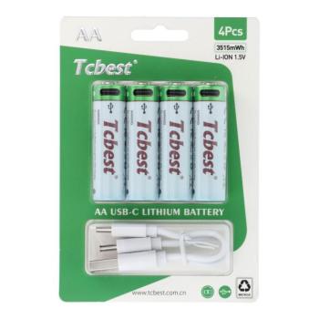TCBEST újratölthető R6 (AA) elem 950 mAh, USB-C csatlakozóval és töltőkábellel (4db) kép