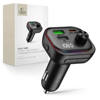 Tech-Protect CC07 bluetooth FM transmitter / autós töltő, USB-A-UCB-C, PD, 54W, fekete kép