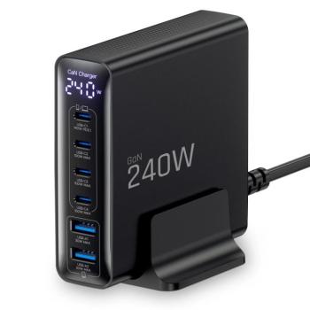Tech-Protect DC240W 6 portos asztali töltő adapter, USB-C-USB-A, GaN, PD, QC3.0, 240W, fekete kép