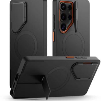 Tech-Protect Kevlar Aura Samsung Galaxy S25 Ultra MagSafe tok kameravédelemmel, kitámasztóval, fekete-narancs kép