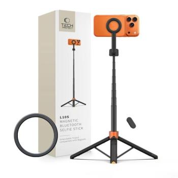Tech-Protect L10S selfie bot / tripod vezeték nélküli / bluetooth távirányítóval, kompakt, hordozható, fekete-narancs kép
