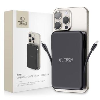 Tech-Protect LifeMag PB31 Powerbank / külső akkumulátor, USB-C kábellel, USB-C-USB-A, kijelző, 10000mAh, 15W, fekete kép