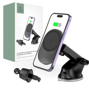Tech-Protect Qi vezeték nélküli, szellőzőrácsba illeszthető/műszerfalra szerelhető autós tartó/gyorstöltő MagSafe vezeték nélküli funkcióval - Tech-Protect MM15W-V1 - fekete kép