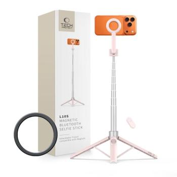 Tech-Protect selfie bot / selfie stick vezeték nélküli / bluetooth távirányítóval, kompakt, hordozható, rózsaszín / szürke kép