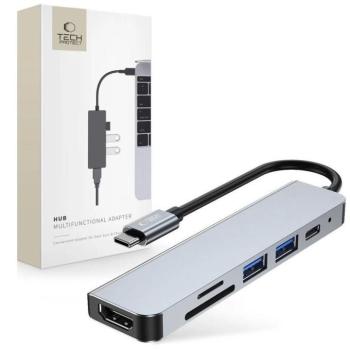 Tech-Protect V4 6in1 USB-C - USB-A 3.0 / USB-A 2.0 / USB-C / HDMI / micro SD / TF / SD Card Reader HUB Adapter - Grafit kép