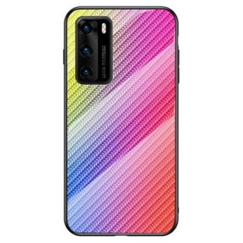 Telefonvédő szilikon keret (BUMPER, edzett üveg hátlap, karbon minta) SZÍNES Huawei P40 kép