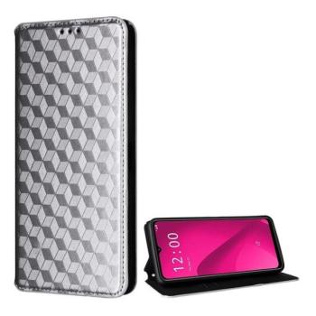 Telekom T Phone 2 Pro 5G, Oldalra nyíló tok, bőrhatású, stand, Teljes 3D rombusz minta, prémium, ezüst kép