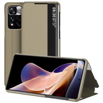 Tok álló, bőr hatású (aktív FLIP, oldalra nyíló, asztali tartó funkció, hívószámkijelzés, View Window) VILÁGOSBARNA Xiaomi Redmi Note 11 Pro Plus 5G kép