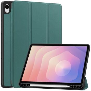 Tok álló, bőr hatású (aktív FLIP, oldalra nyíló, TRIFOLD, asztali tartó, ceruza tartó) SÖTÉTZÖLD Samsung Galaxy Tab S11 5G (SM-X736B), Galaxy Tab S11 WIFI (SM-X730) kép