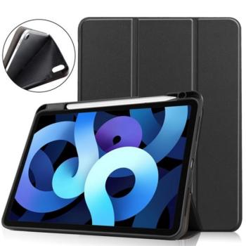 Tok álló, bőr hatású (aktív FLIP, oldalra nyíló, TRIFOLD asztali tartó funkció, Apple Pencil tartó) FEKETE Apple IPAD Air 2020 (Air 4), Apple IPAD Air 2022 kép