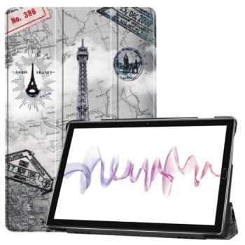 Tok álló, bőr hatású (aktív FLIP, oldalra nyíló, TRIFOLD asztali tartó funkció, Eiffel torony, térkép minta) SZÜRKE Huawei MediaPad M6 10.8 WIFI, Huawei MediaPad M6 10.8 LTE kép