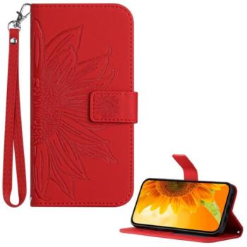 Tok álló, bőr hatású (FLIP, oldalra nyíló, asztali tartó, bankkártya tartó + kézpánt, napraforgó minta) PIROS T Phone 3 5G kép